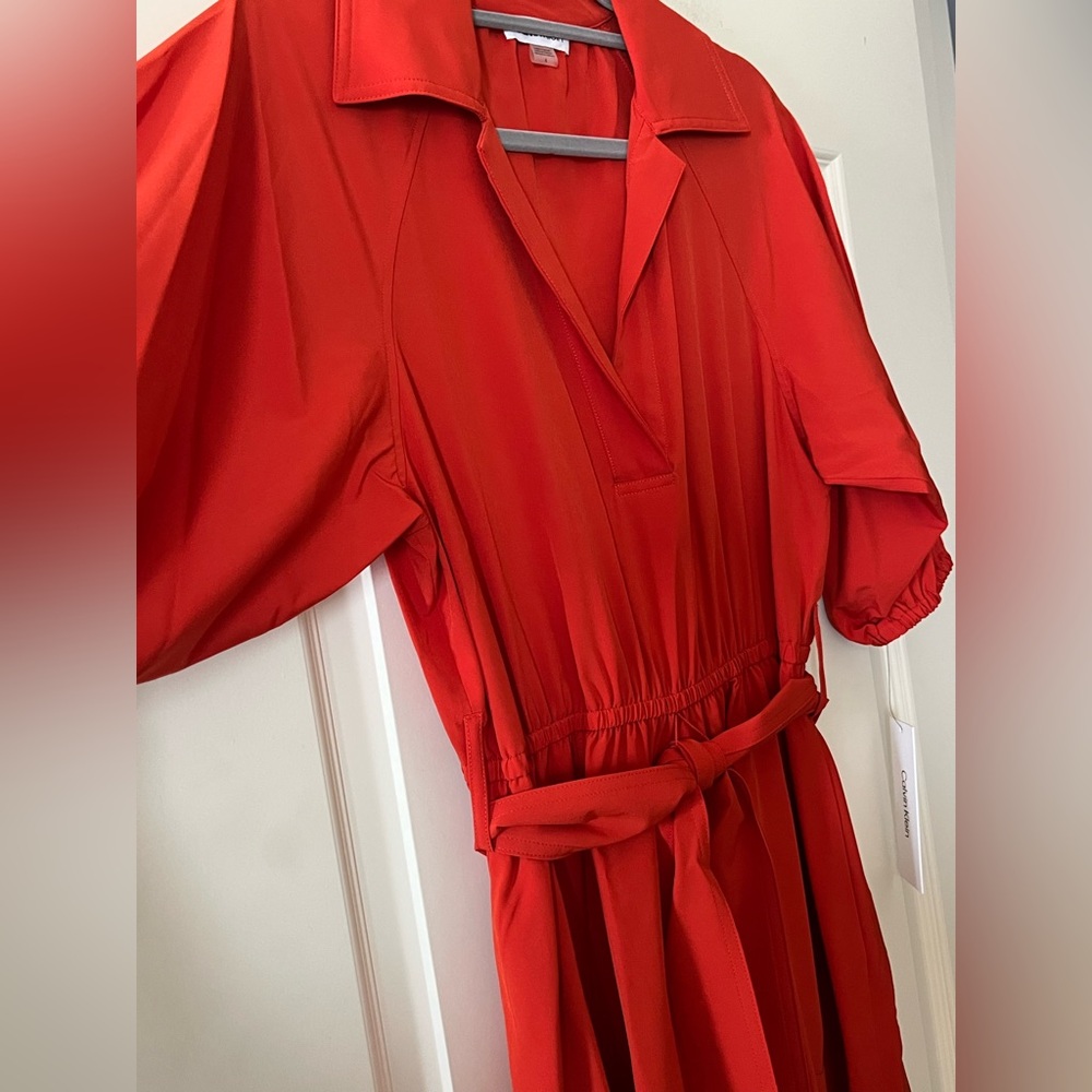 Calvin Klein Vibrant Reddish Orange Midi Dress with Waist Tie Women’s Size 4 - Picture 9 of 16